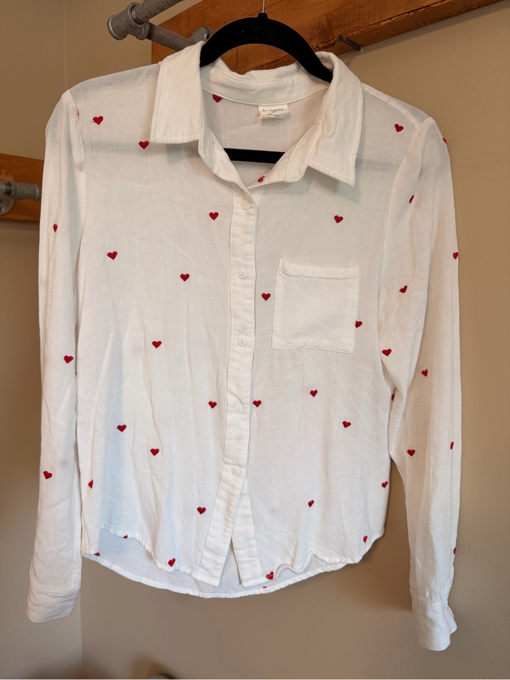 Together White Button-Down Shirt with Red Heart Embroidery